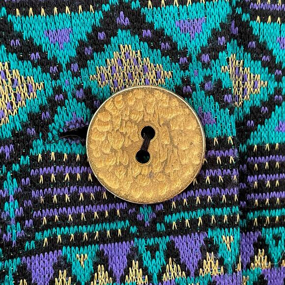 Vintage Lady Carol Knit Cardigan Sweater Geo Print Long Jewel Tones Gold Button - Picture 3 of 7